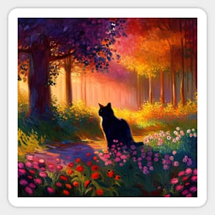 Black Kitty in Sunset Garden Sticker